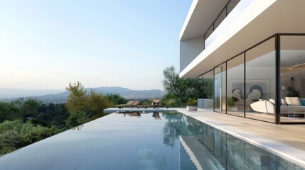 Fototapeta premium A luxury villa with an infinity pool, expansive glass walls, and a stunning view of the surrounding landscape, epitomizing modern elegance 