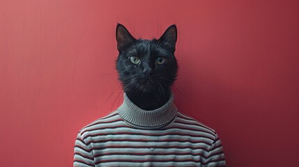 Surreal composite image of a cat head on a human body against a red background - Powered by Adobe