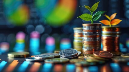 The image portrays the idea of financial growth and prosperity, emphasizing key elements such as interest rates, dividends, investment growth percentage, and interest on deposits.