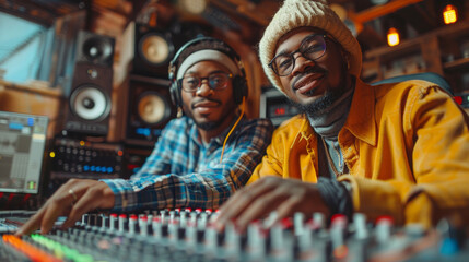 Two smiling men work on audio mixing in a music studio, surrounded by professional recording equipment
