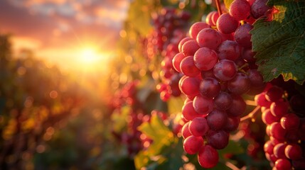 Fototapeta premium Close-up of succulent red grapes on the vine, illuminated by the warm light of the setting sun