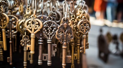 Vintage Skeleton Keys Hanging In A Market Stall With Intricate Designs. Generative AI