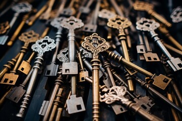 Fototapeta premium Antique Collection Of Various Skeleton Keys In A Vintage Arrangement. Generative AI