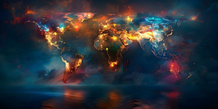 Continents Affected by Climate Change: Illuminated World Map. Concept Climate Change, Affected Continents, World Map, Environment, Global Impact