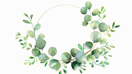 Obraz premium Watercolor baby blue eucalyptus wreath for wedding cards, silver dollar eucalyptus tree foliage in circle, herbs, leaves, branch, greenery frame. Decorative design elements in rustic elegant style