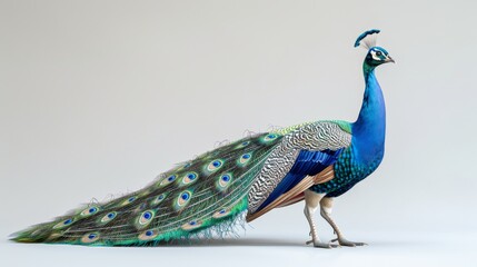 Obraz premium A striking full-body image of a peacock, showcasing its vibrant, iridescent feathers and regal stance. The soft, plain background contrasts beautifully with the peacocks colorful plumage