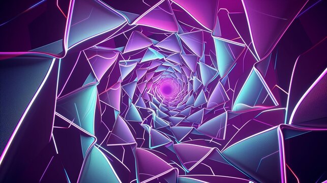 A captivating graphic design showcasing an abstract spiral illusion made of intricate geometric shapes highlighted by neon lines in shades of purple, blue, 