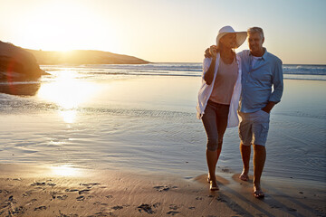 Happy couple, hug and bonding on beach for vacation on island or coast for getaway, travel and...