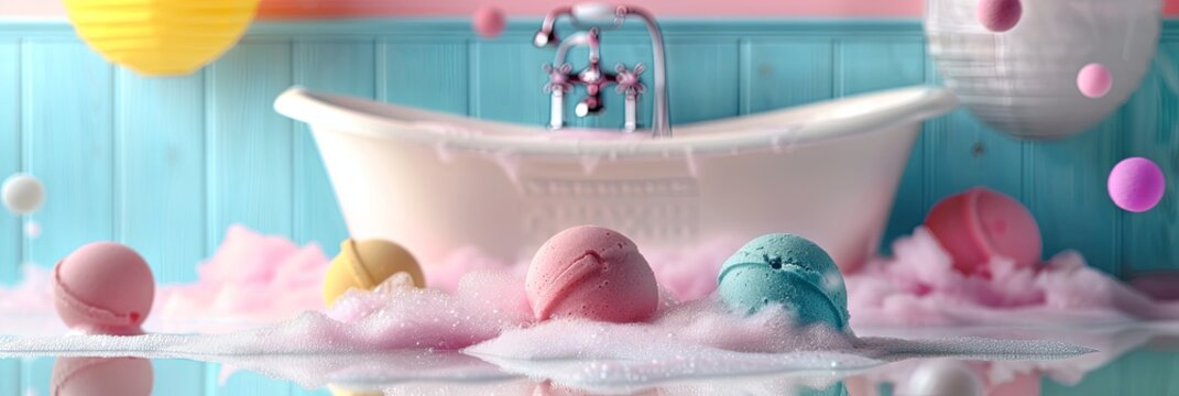 Vibrant bath bombs and fluffy foam in a relaxing bathroom setting. Generative AI