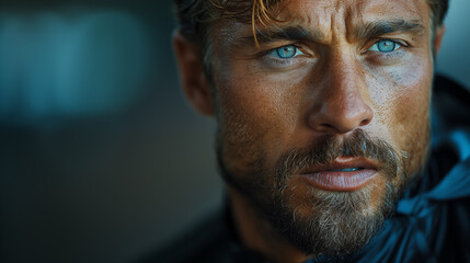 Closeup of an attractive muscular man with short brown hair and blue eyes, wearing black hiking
