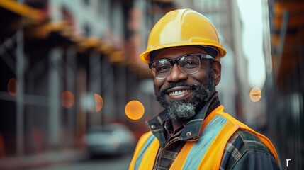 Middle-aged African American male construction worker in a clean safety vest and helmet, smiling at a construction site