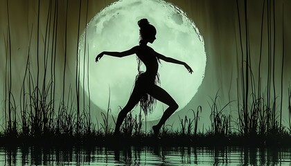 Silhouette of a woman dancing under a full moon in a swampy forest.