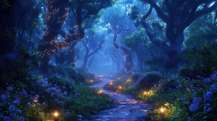 A magical forest path illuminated by glowing lanterns, leading to a mysterious destination