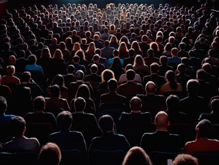 Obraz premium Audience seated in a theater looking towards a stage, dark and black predominant, capturing the concept of a crowd at an event. Generative AI