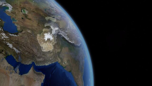 Fly Zoom into Afghanistan, Kabul, through space to see the country map region from above from space. Detailed map Showing area, HD and 4K. Animation.