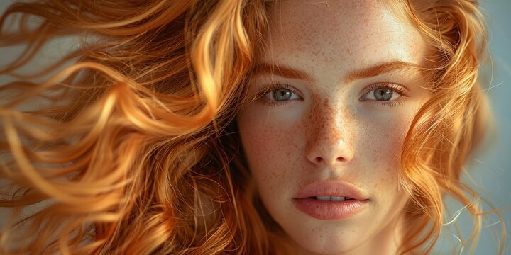 Sensual redhead model with flowing wavy hair exudes elegant glamour in a sunny studio portrait.