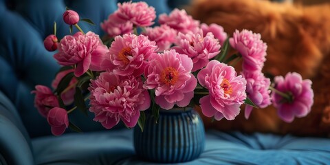 Obraz premium A tender peony bouquet in a cozy ceramic vase, embodying the beauty of summer.