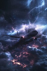 An airplane flying through a thunderstorm, with lightning illuminating the dark clouds and the plane's lights cutting through the storm 