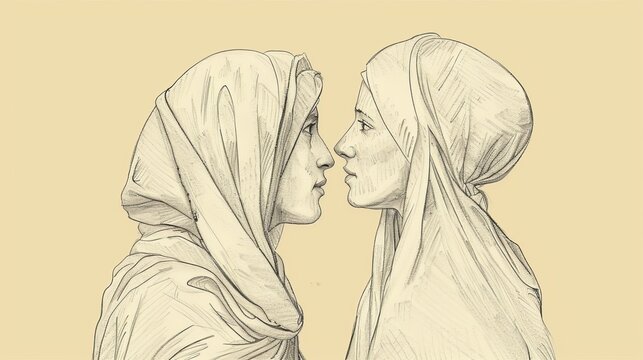 Children of Promise: Galatians 4 Biblical Illustration Highlighting Hagar, Sarah on Beige Background with Copyspace