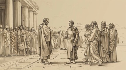 Fototapeta premium Healing and Repentance: Acts 3 Biblical Illustration Highlighting Lame Man, Peter's Sermon on Beige Background with Copyspace