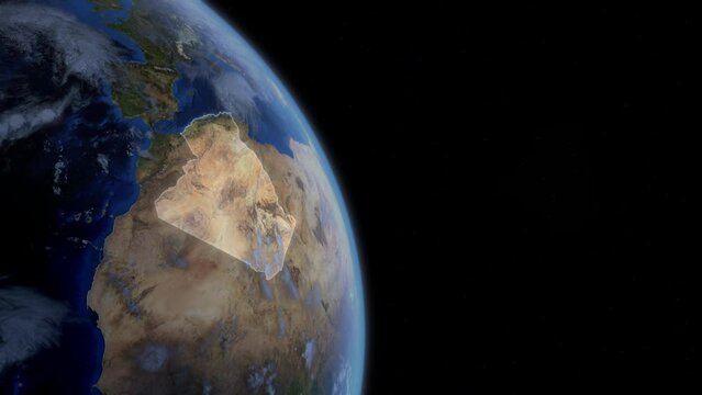 Fly Zoom into Algeria, Algiers, Oran, through space to see the country map region from above from space. Detailed map Showing area, HD and 4K. Animation.