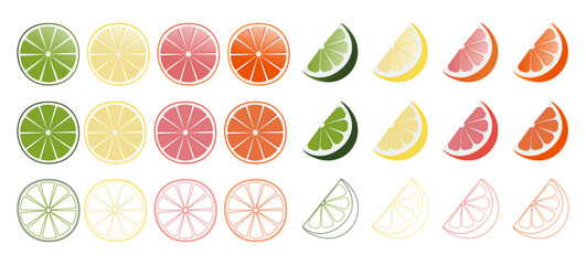 Set of fruit slices. Simple, gradient, line. Lime, orange, grapefruit, lemon. For menu, cocktail, bar, party, summer, beach.