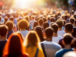 Crowd of people from behind, blurred focus, on a sunny background, concept of community. Generative AI