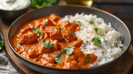 A bowl of spicy chicken tikka masala with vibrant orange sauce, accompanied by basmati rice and a side of raita.