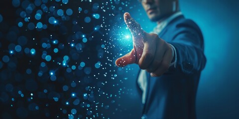 A man in a suit reaches out to touch a glowing blue orb of light.