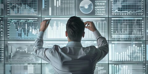 Businessman looking at multiple monitors with graphs and charts analyzing data
