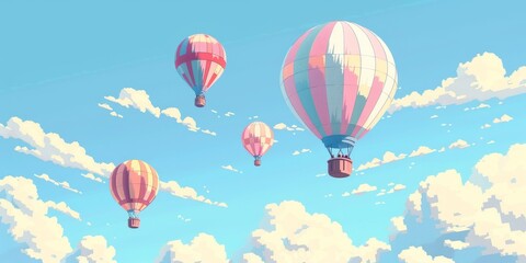 Obraz premium Hot air balloons floating in a blue sky with white clouds.