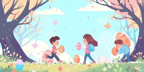 Obraz premium Three happy children are hunting for Easter eggs in a field.