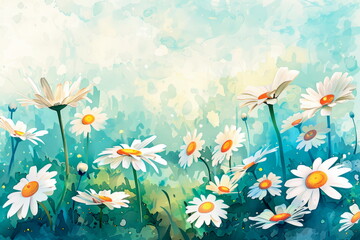 Cheerful watercolor background featuring a field of vibrant daisies, perfect for celebrating the joy and beauty of nature . Generative AI