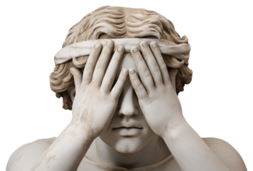 PNG  Greek sculpture covering eyes statue art white background.
