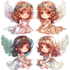 Collection sets of cute cartoon character angel with wings