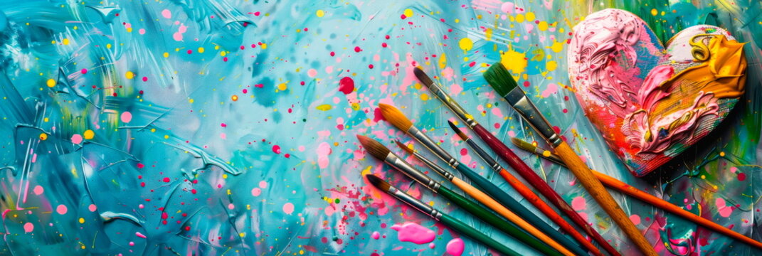 Art teacher inspiring creativity, with paintbrushes, palettes, and colorful splashes forming a heart.