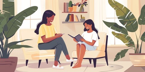 Fototapeta premium A mother is reading a book to her daughter. They are sitting in a comfortable living room, surrounded by plants. The mother is smiling and the daughter is engrossed in the book.