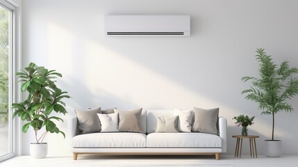 Modern living room with a white sofa, indoor plants, and air conditioner in a bright minimalist interior with natural light.