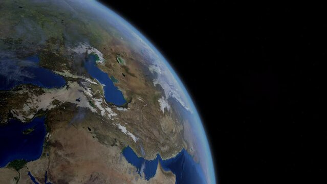 Fly Zoom into Azerbaijan, Baku, Ganja, through space to see the country map region from above from space. Detailed map Showing area, HD and 4K. Animation.