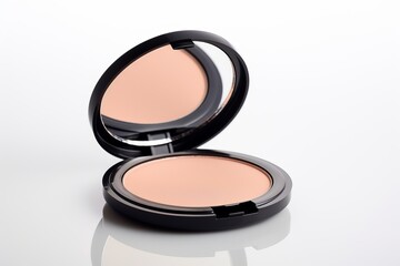 Open compact powder on white background, highlighting cosmetic product for makeup and beauty applications.