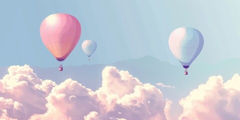 Fototapeta premium Hot air balloons floating in a cloudy sky.