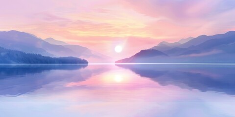 The setting sun casts a pink and purple glow on the lake and mountains.
