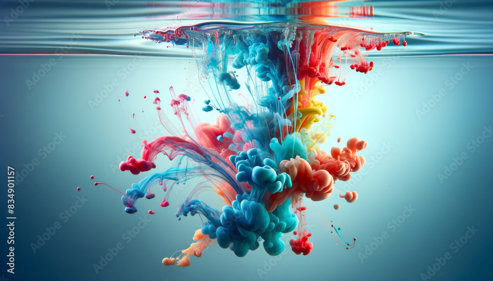 Poster explosive colorful ink clouds in water, abstract and vibrant on a serene blue background, representi