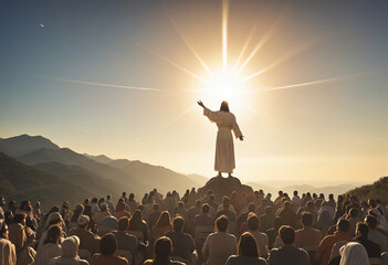 Jesus Christ delivering a powerful message to a large gathering on a mountaintop at sunrise