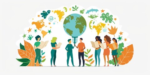 Group of diverse people holding hands around the globe. Concept of unity, cooperation and environmental protection.