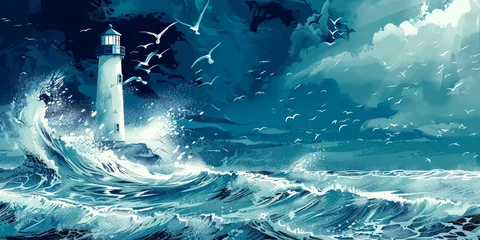 lighthouse with ocean waves and seagulls, vintage nautical style