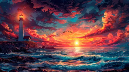 lighthouse with ocean waves and seagulls, vintage nautical style