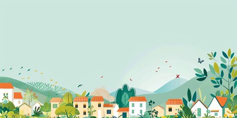 Fototapeta premium Small village with green trees and mountains in the background.