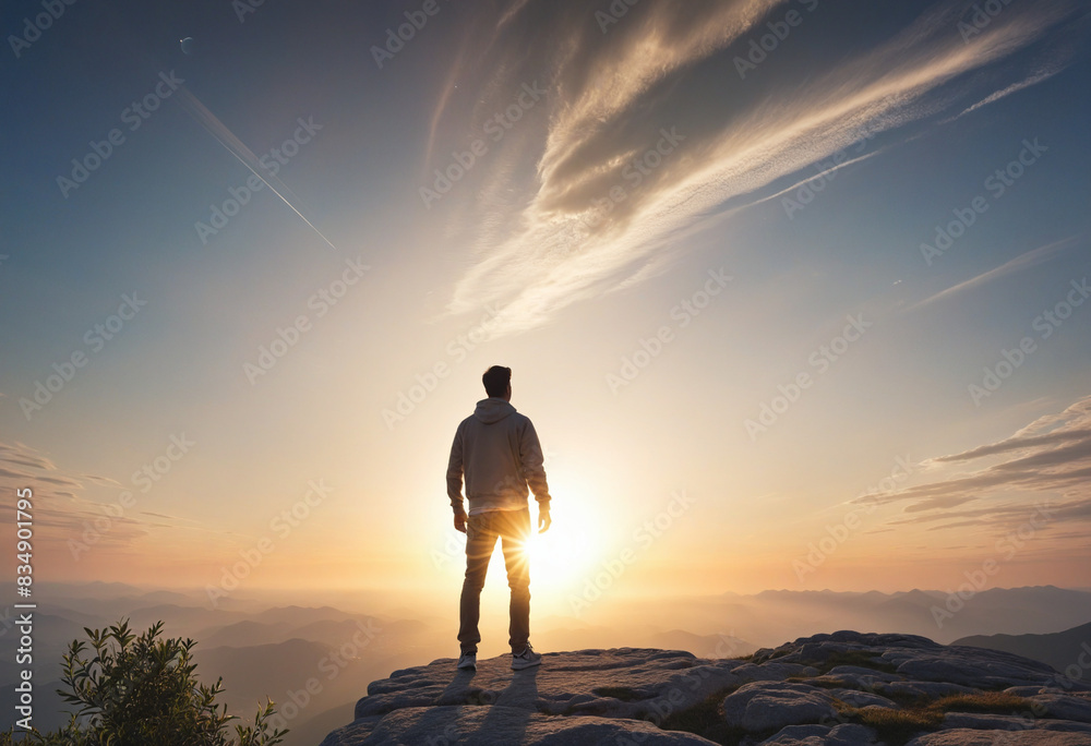 Wall mural heavenly vision: a man standing in abstract faith, looking towards the majestic sky