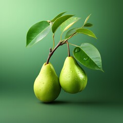 a pair of pears with leaves on a branch